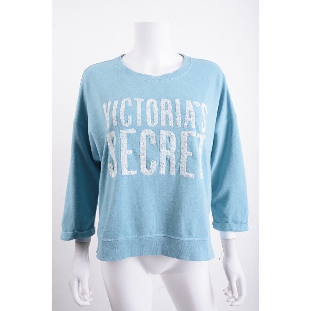 Victorias Secret Womens Sweatshirt Blue White Sequin Spellout Logo M Medium - Picture 1 of 6